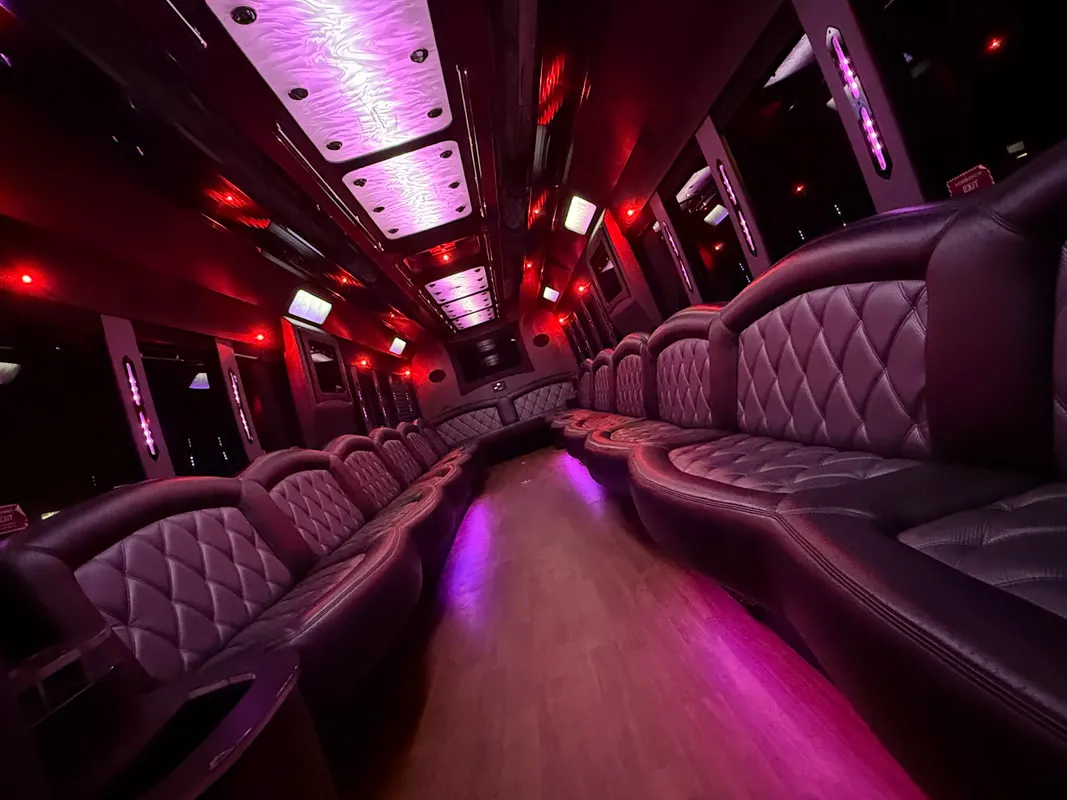 Freightliner Party Bus: seating area, with perimeter lounge seating, LED ceiling lighting and wood-look flooring Freightliner Party Bus: seating area, with perimeter lounge seating, LED ceiling lighting and wood-look flooring