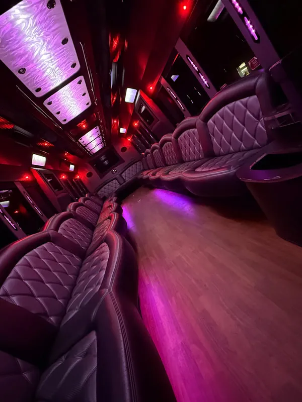 Freightliner Party Bus: seating area, with perimeter lounge seating, LED ceiling lighting and wood-look flooring, pic 11 Freightliner Party Bus: seating area, with perimeter lounge seating, LED ceiling lighting and wood-look flooring, pic 11