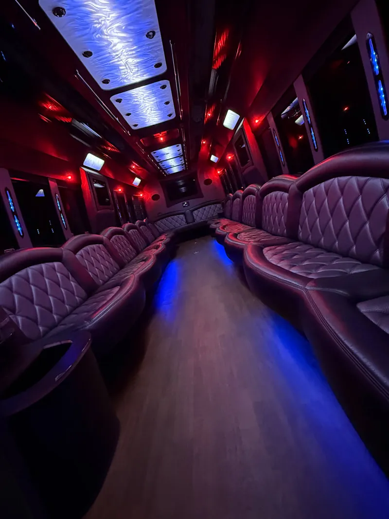Freightliner Party Bus: seating area, with perimeter lounge seating, LED ceiling lighting and wood-look flooring, pic 8 Freightliner Party Bus: seating area, with perimeter lounge seating, LED ceiling lighting and wood-look flooring, pic 8
