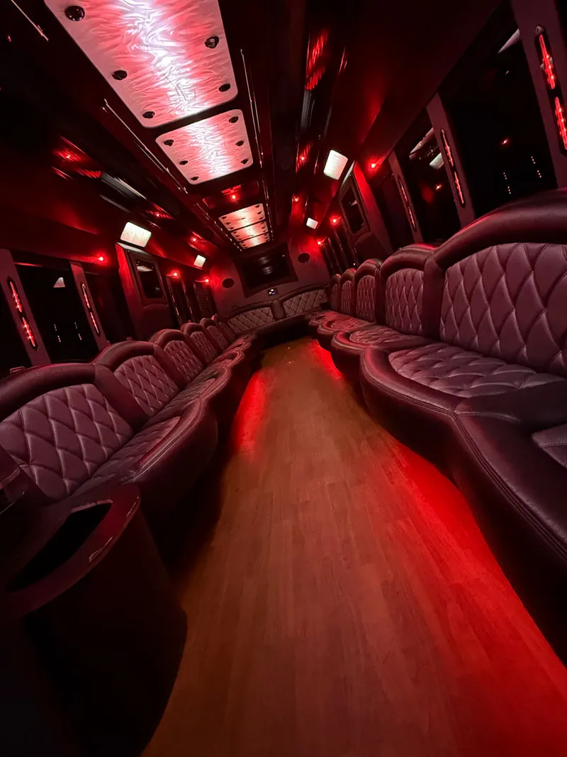 Freightliner Party Bus: seating area, with perimeter lounge seating, LED ceiling lighting and wood-look flooring, pic 9 Freightliner Party Bus: seating area, with perimeter lounge seating, LED ceiling lighting and wood-look flooring, pic 9
