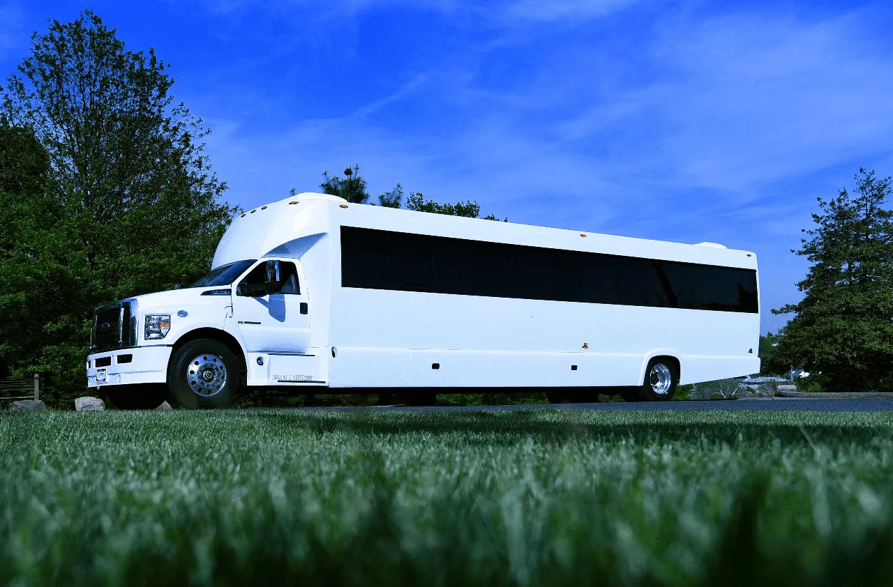 50 Passenger Party Bus (white): full view, with tinted windows 50 Passenger Party Bus (white): full view, with tinted windows
