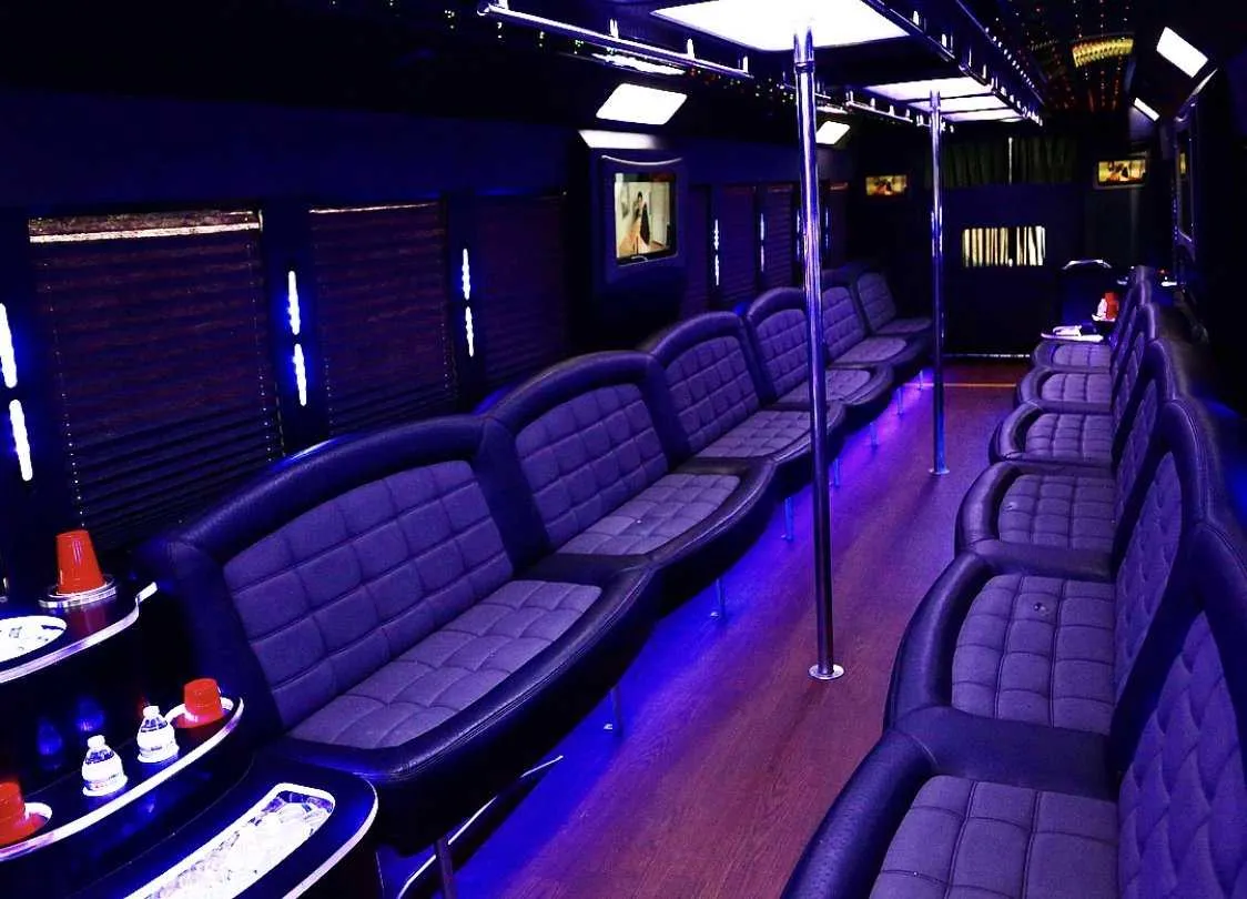 Tiffany Party Bus: seating area, with perimeter lounge seating, window shades and LED accent lighting Tiffany Party Bus: seating area, with perimeter lounge seating, window shades and LED accent lighting